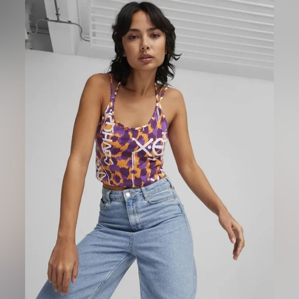 Puma Purple & Orange Graphic Graffiti Print Crop Tank Size M